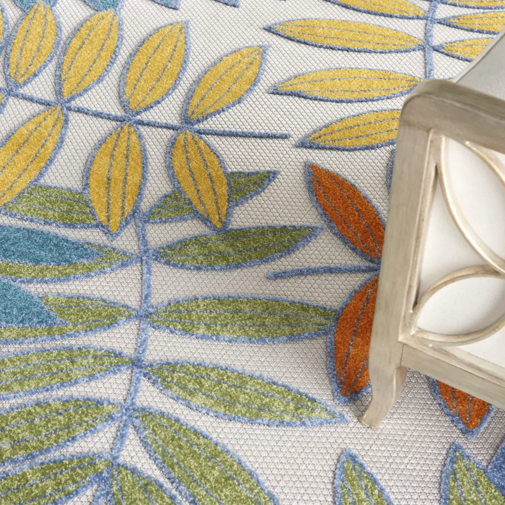 7' X 10' Ivory Teal And Gold Floral Non Skid Indoor Outdoor Area Rug - Image 8
