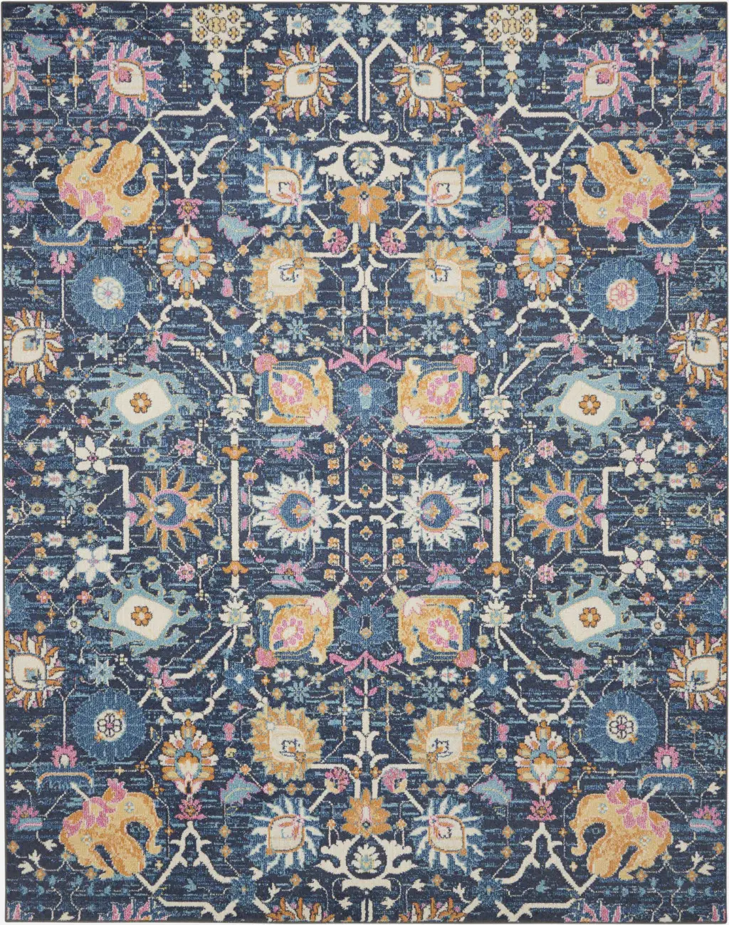 7' X 10' Navy Blue Floral Power Loom Area Rug