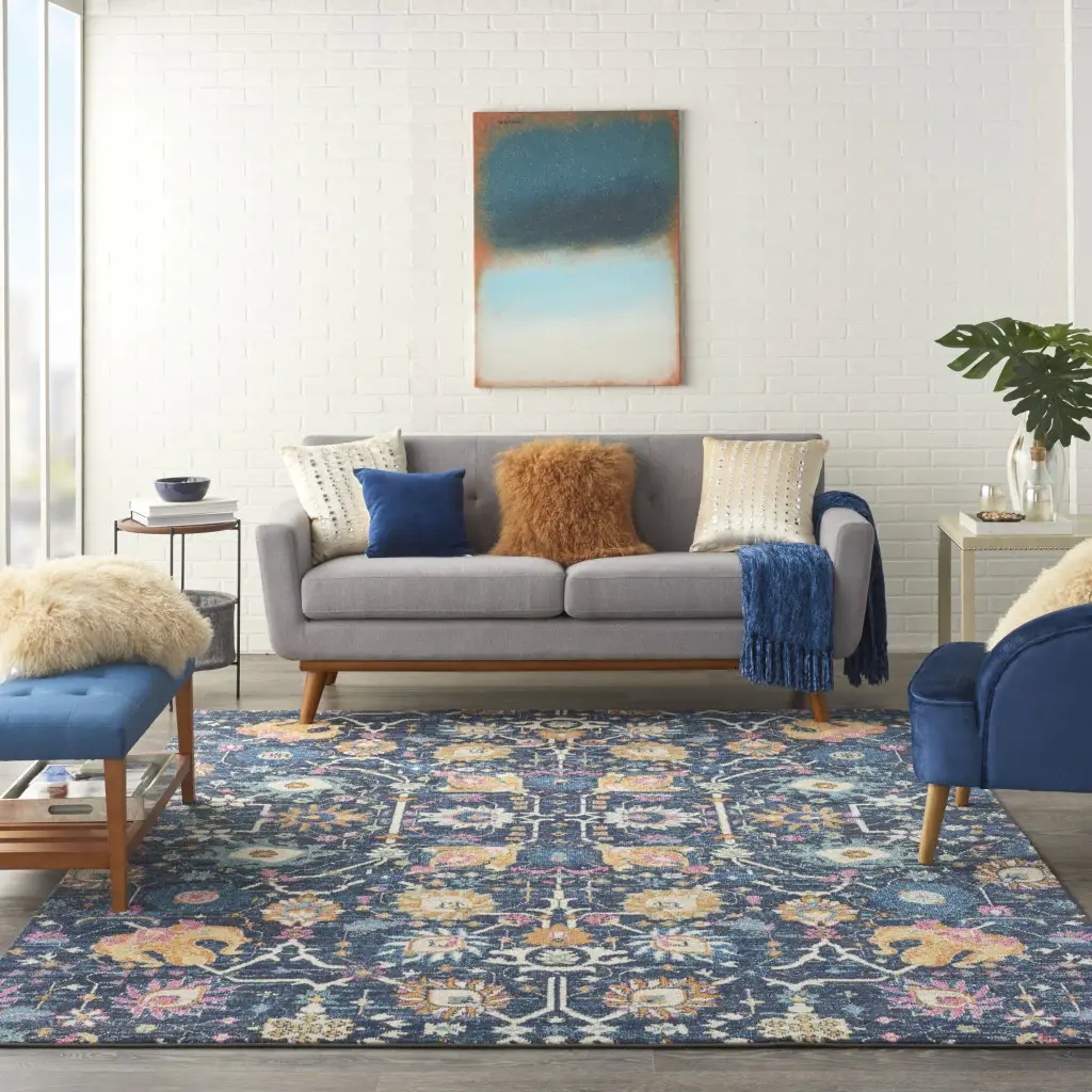 7' X 10' Navy Blue Floral Power Loom Area Rug - Image 6