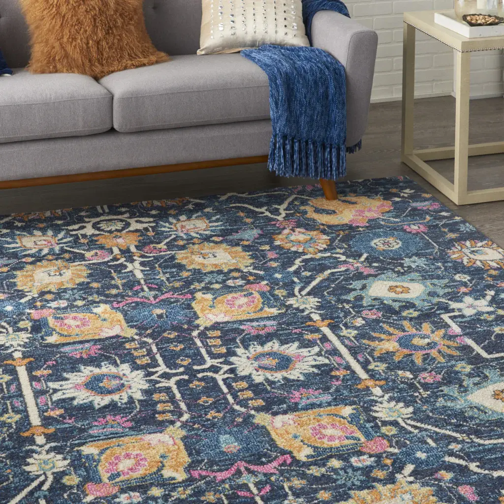 7' X 10' Navy Blue Floral Power Loom Area Rug - Image 7