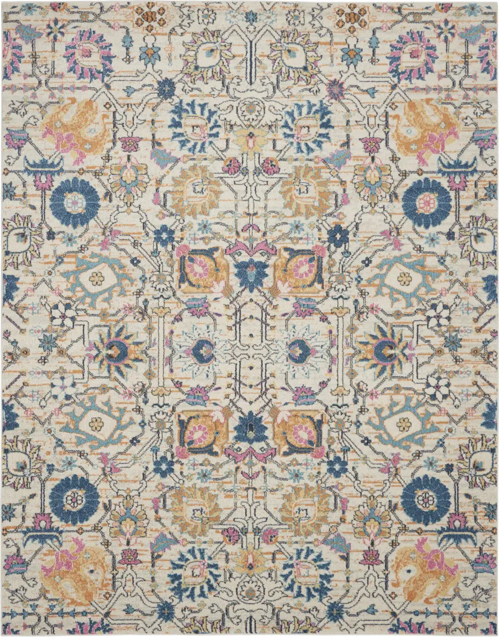 7' X 10' Orange And Ivory Floral Power Loom Area Rug