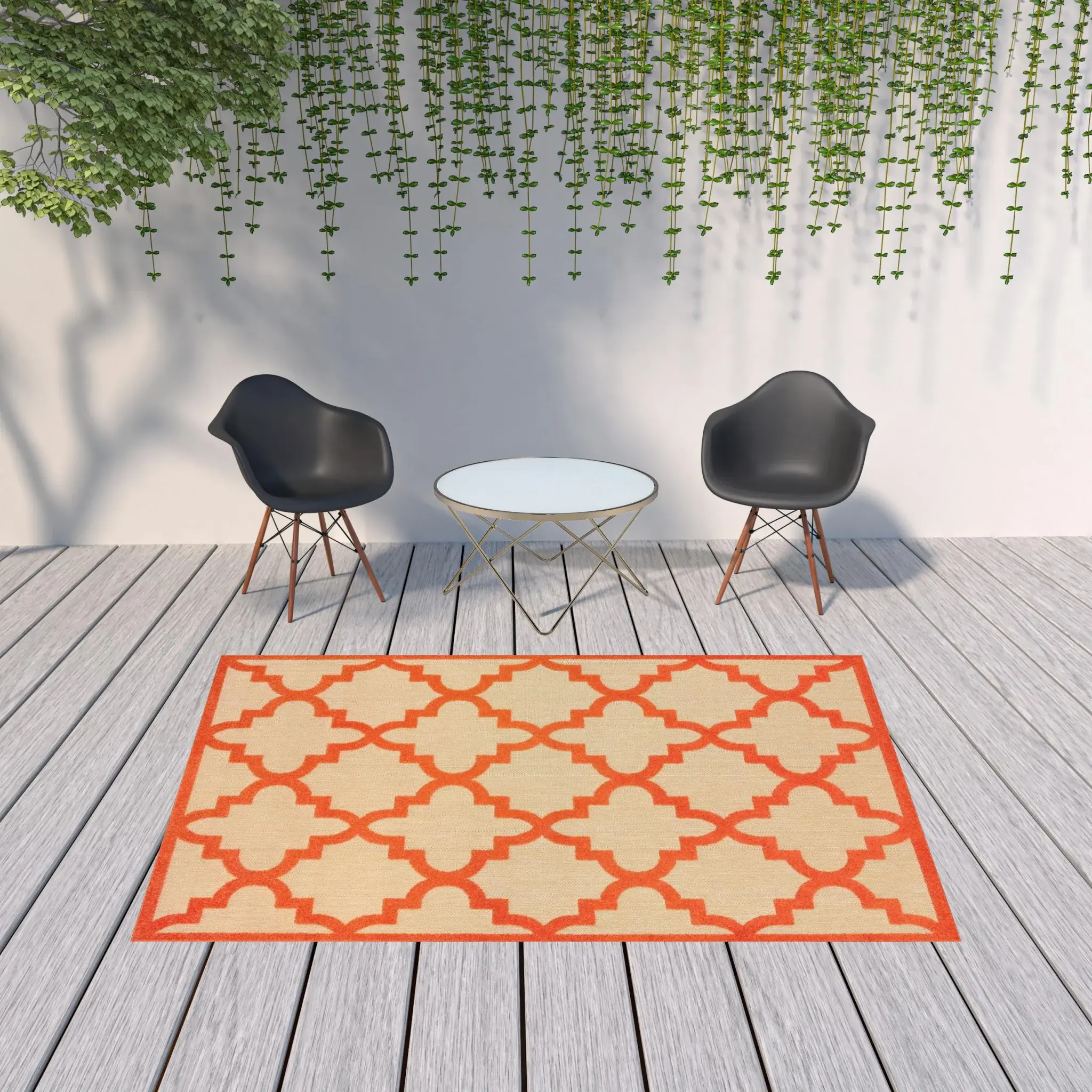 7' X 10' Orange Geometric Stain Resistant Indoor Outdoor Area Rug - Image 2