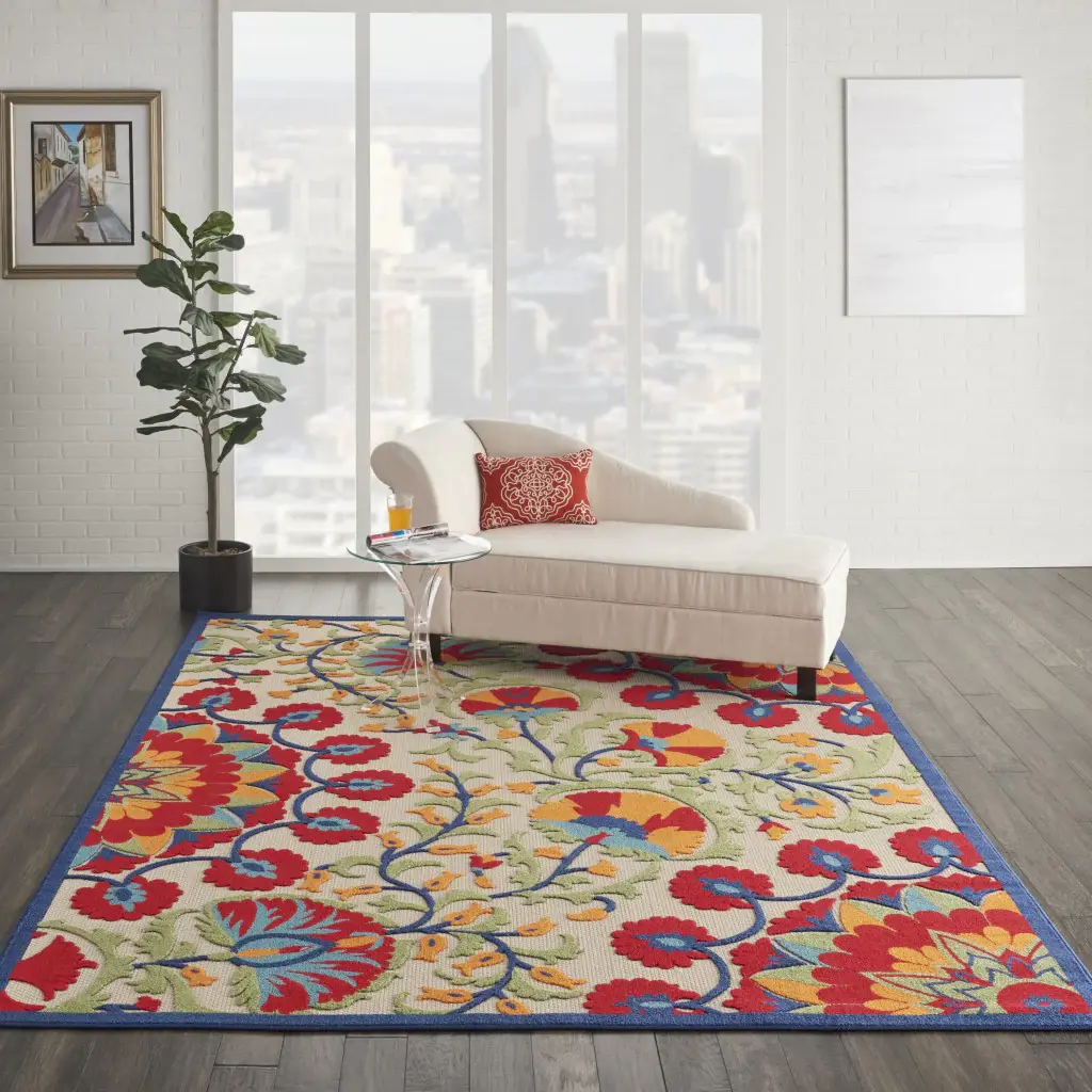 7' X 10' Red And Ivory Floral Indoor Outdoor Area Rug - Image 2