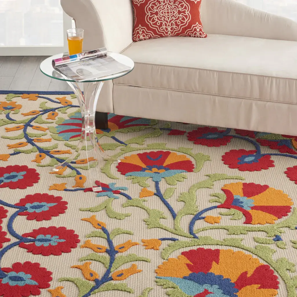 7' X 10' Red And Ivory Floral Indoor Outdoor Area Rug - Image 3