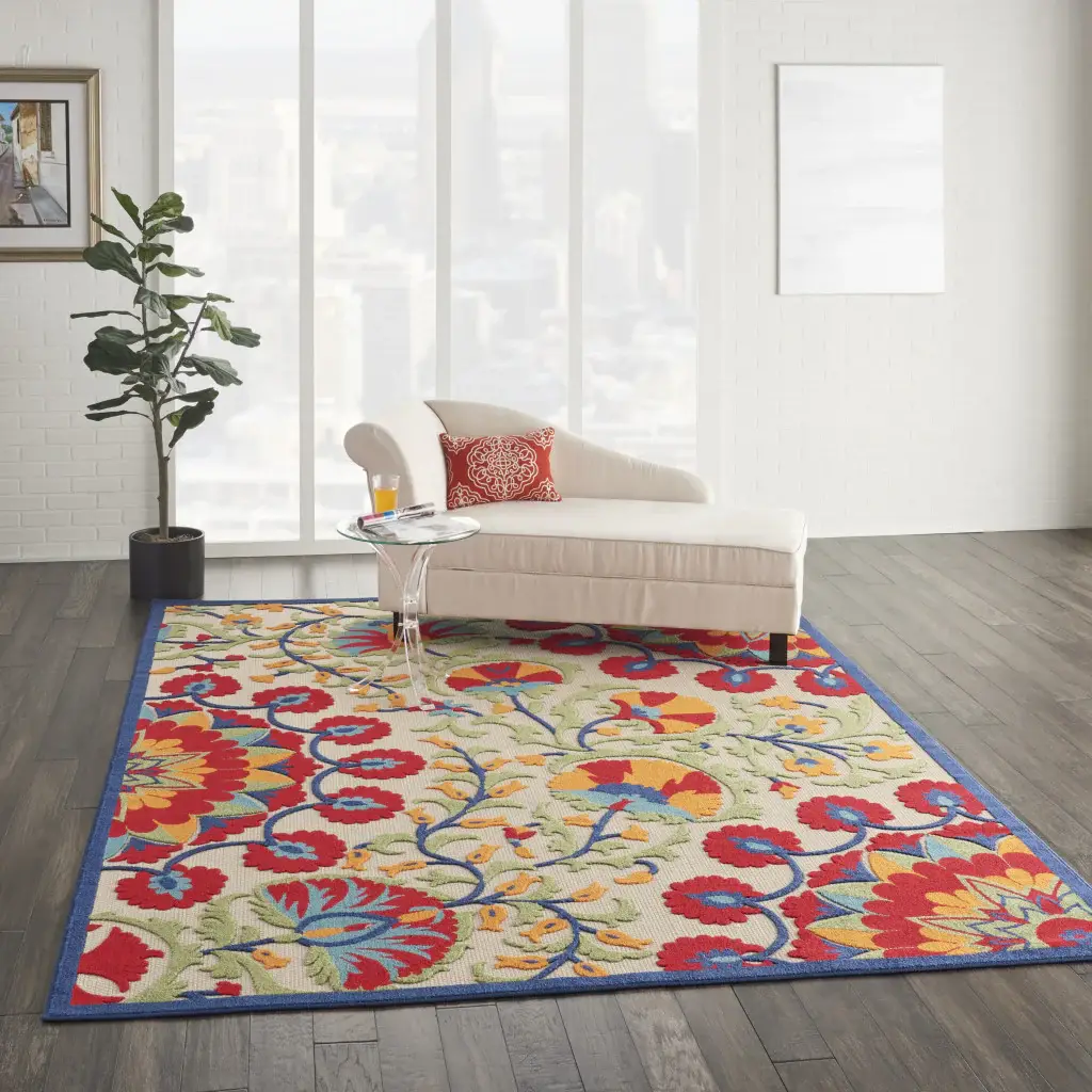 7' X 10' Red And Ivory Floral Indoor Outdoor Area Rug - Image 4