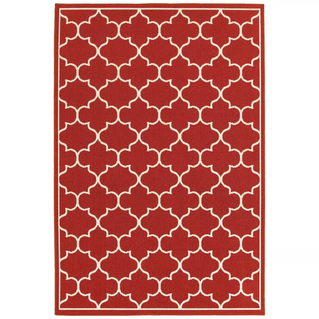 7' X 10' Red and Ivory Indoor Outdoor Area Rug