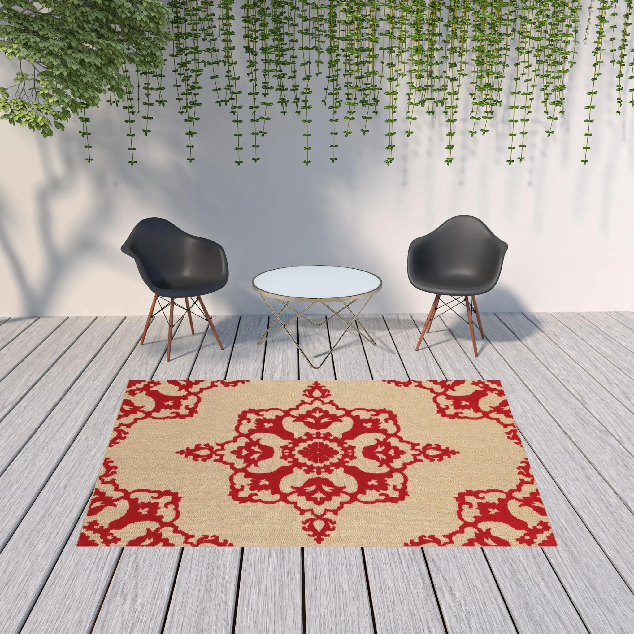 7' X 10' Red Oriental Stain Resistant Indoor Outdoor Area Rug - Image 2
