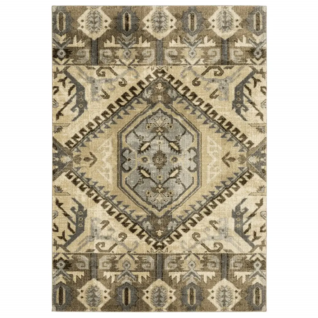 7' X 10' Tan And Gold Central Medallion Indoor Area Rug