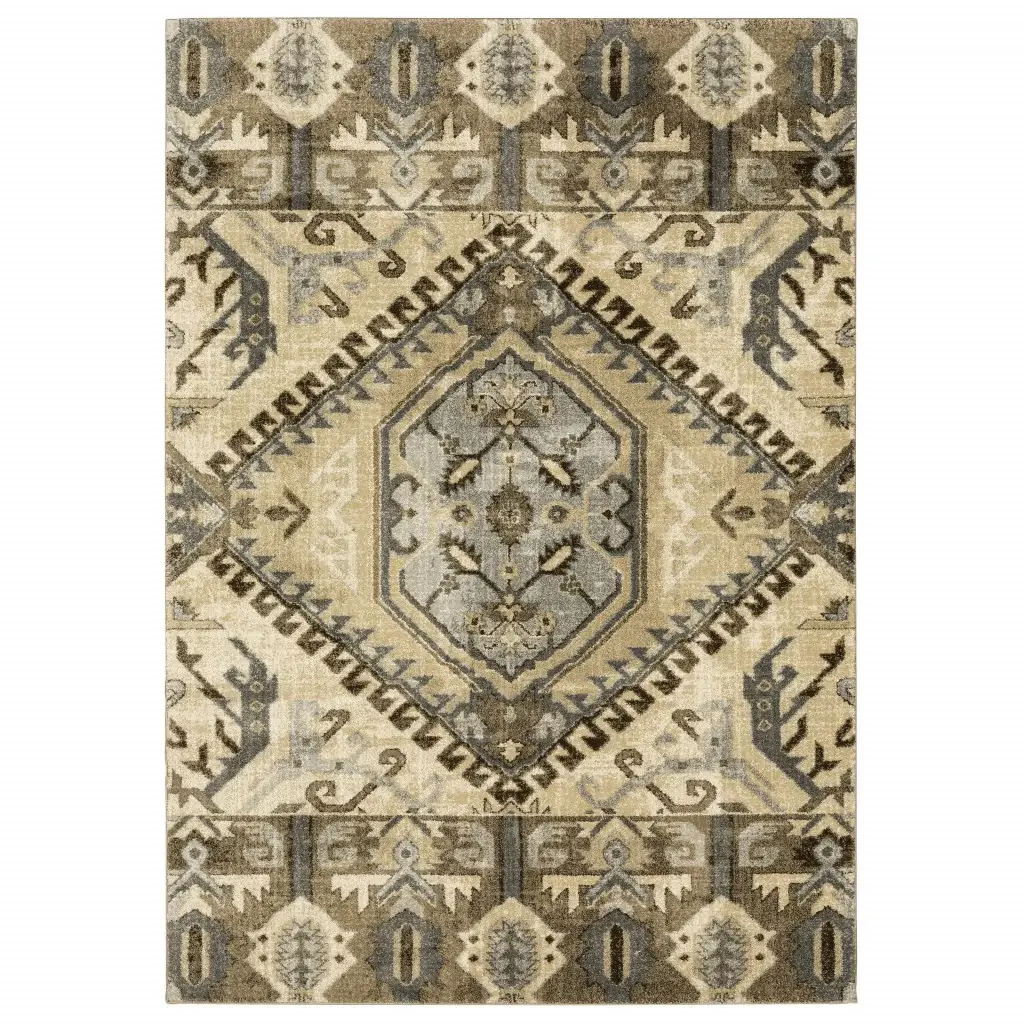 7' X 10' Tan And Gold Central Medallion Indoor Area Rug - Image 3