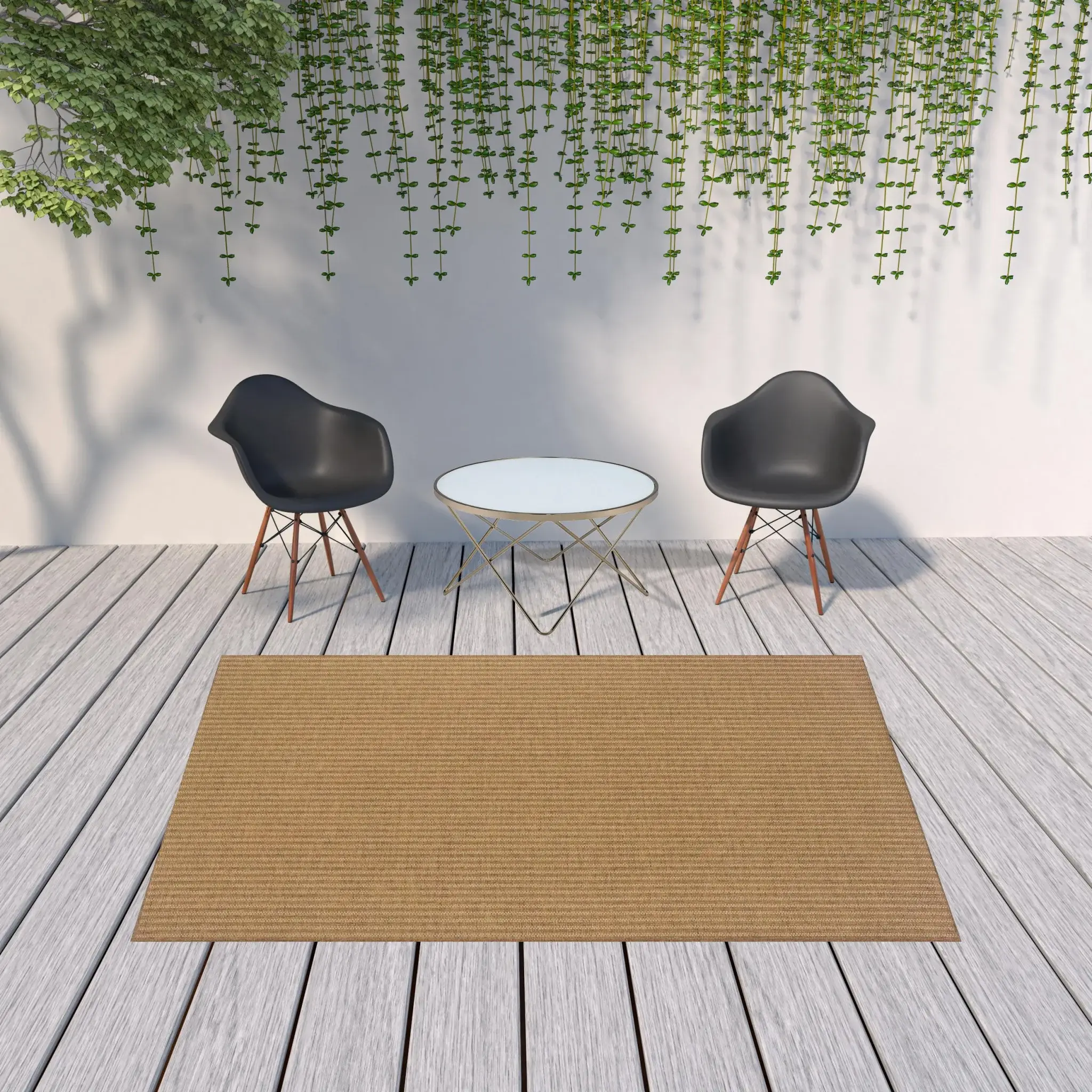 7' X 10' Tan Striped Stain Resistant Indoor Outdoor Area Rug - Image 2