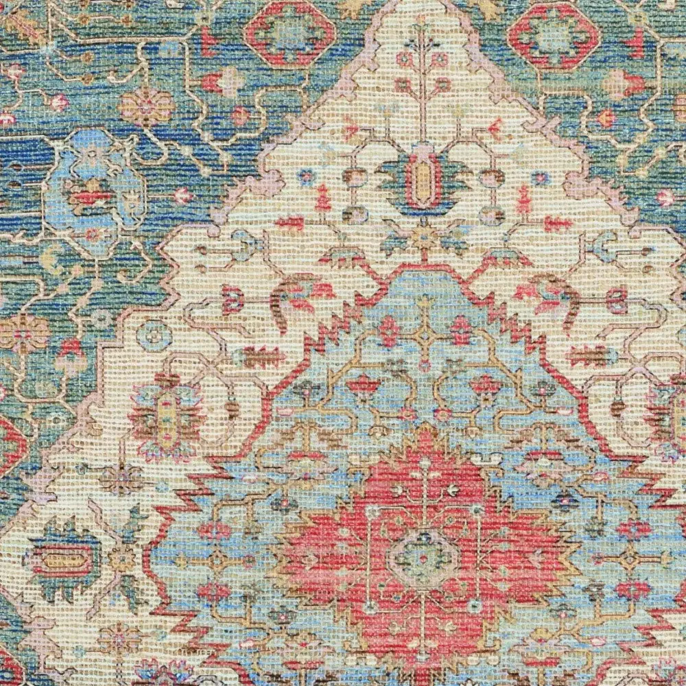 7' X 12' Blue and Red Medallion Handmade Area Rug - Image 4