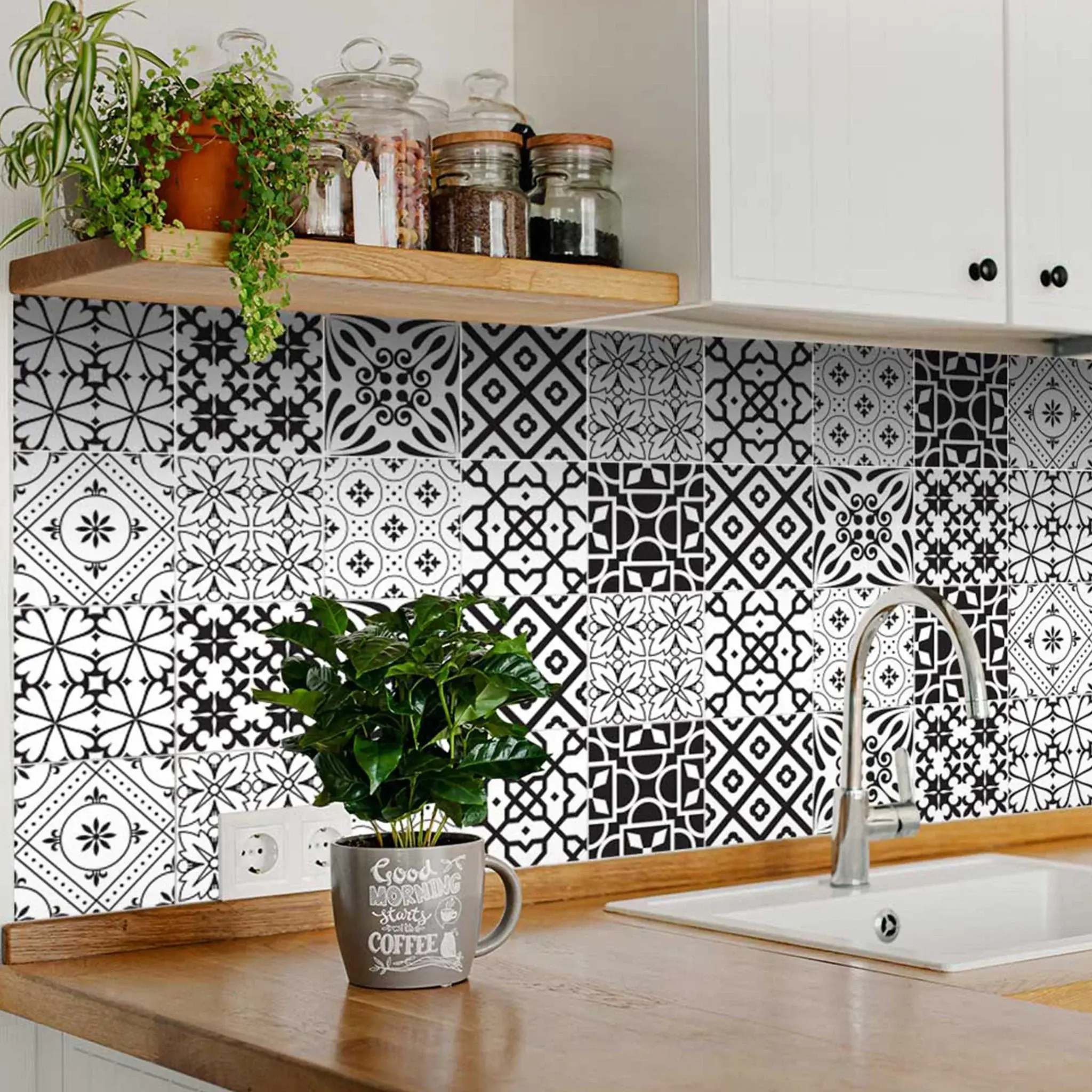 7" X 7" Black And White Mash Peel And Stick Removable Tiles - Image 5