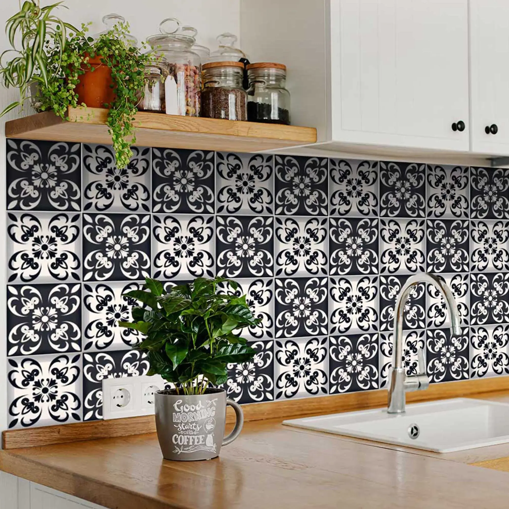 7" X 7" Black And White Quatro Peel And Stick Removable Tiles - Image 4