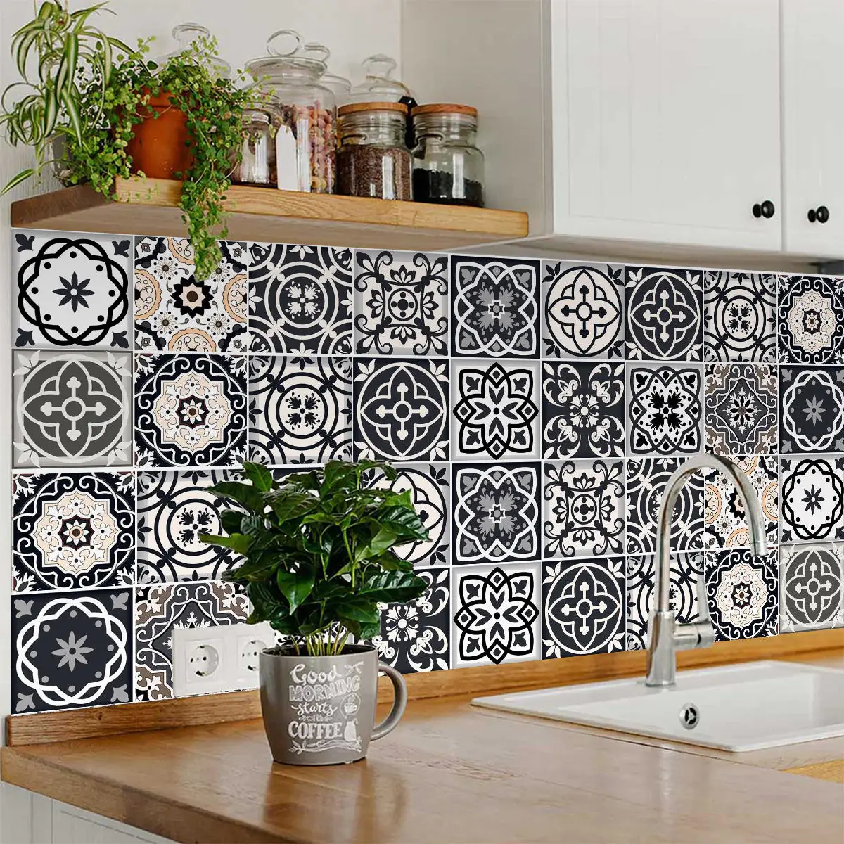 7" X 7" Black White And Tan Peel And Stick Removable Tiles - Image 5