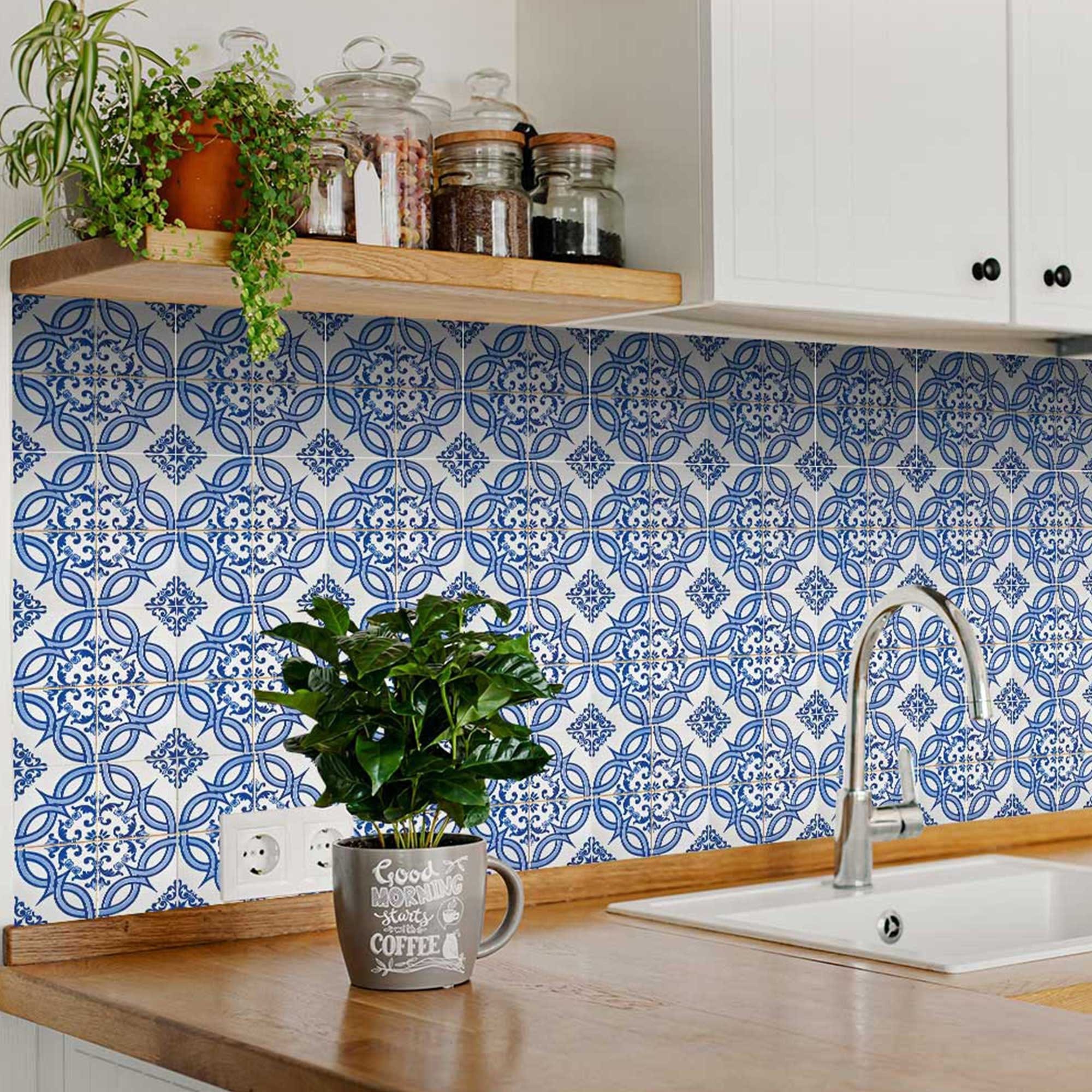 7" X 7" Blue and White Valencia Peel And Stick Tiles - Image 2