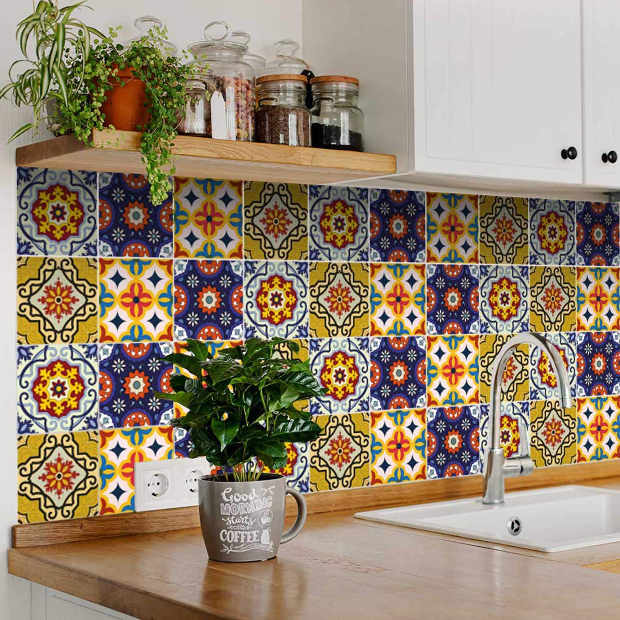 7" X 7" Blue And Yellow Mosaic Peel And Stick Removable Tiles - Image 5
