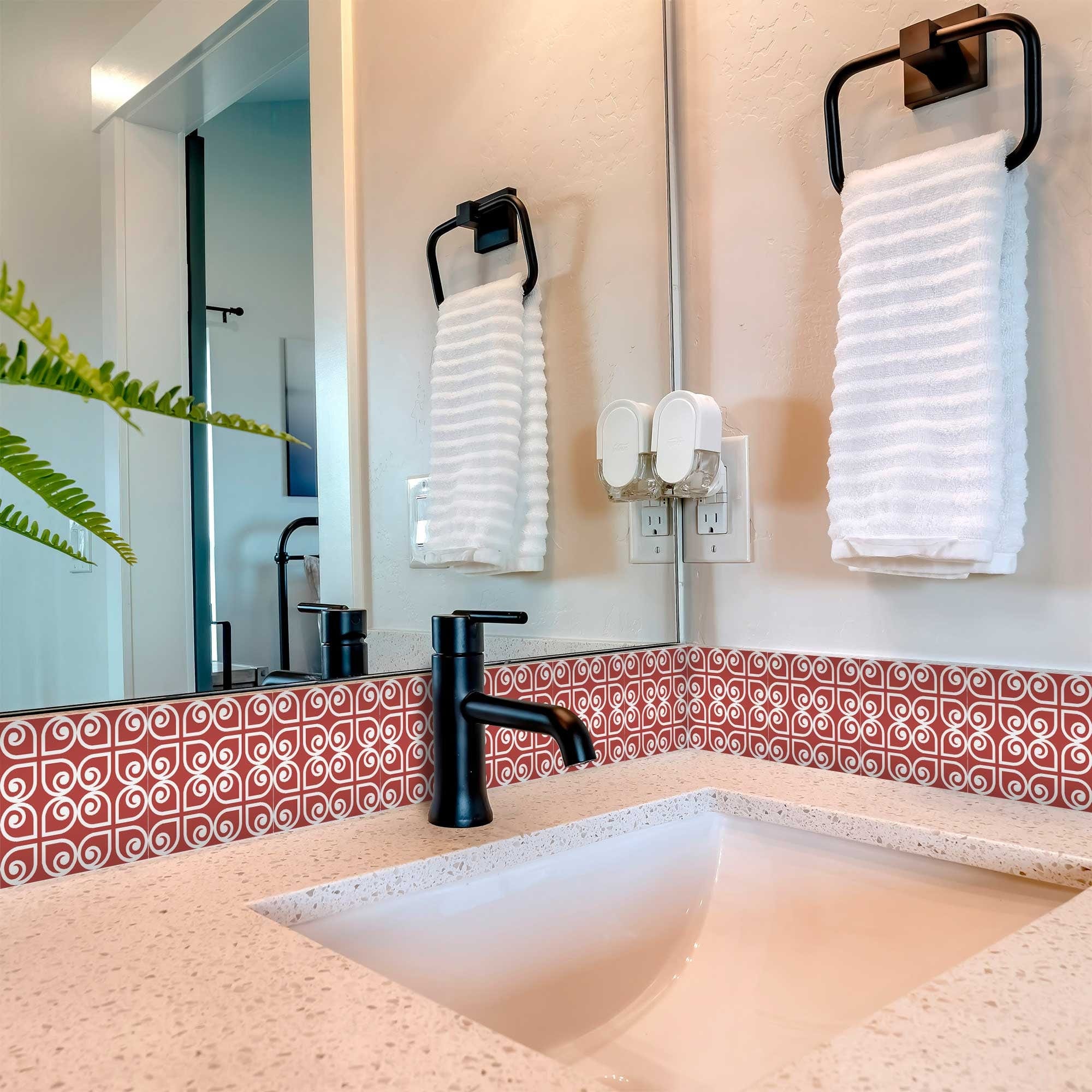7" x 7" Brick Red And White Scroll Peel and Stick Removable Tiles - Image 6