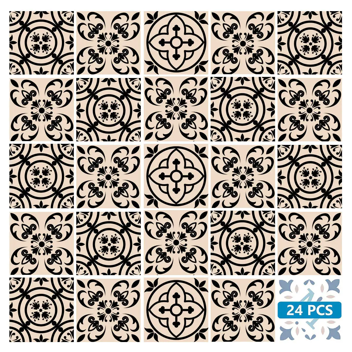 7" X 7" Cream And Black Mosaic Peel And Stick Removable Tiles