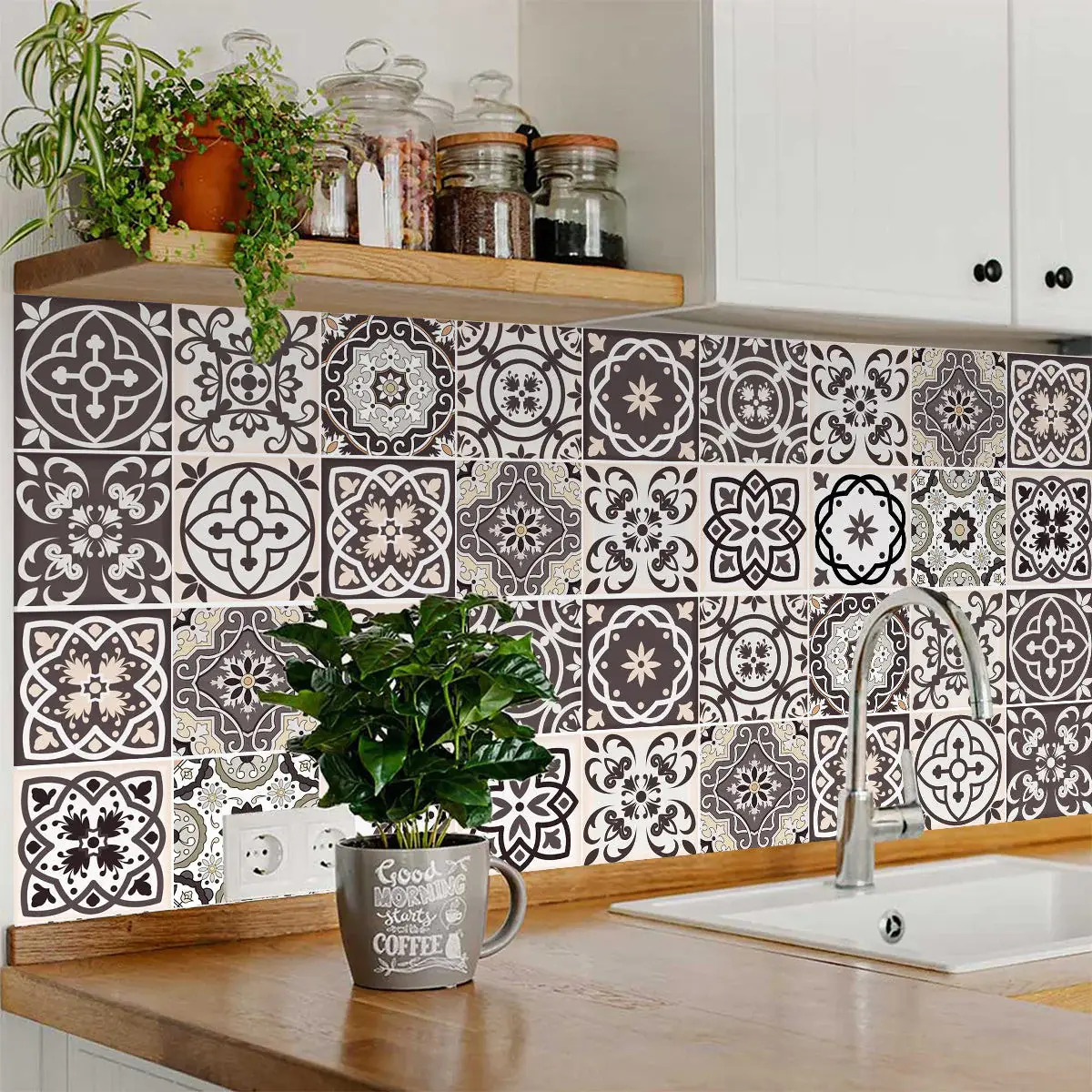 7" X 7" Light Brown And White Mosaic Peel And Stick Removable Tiles - Image 4