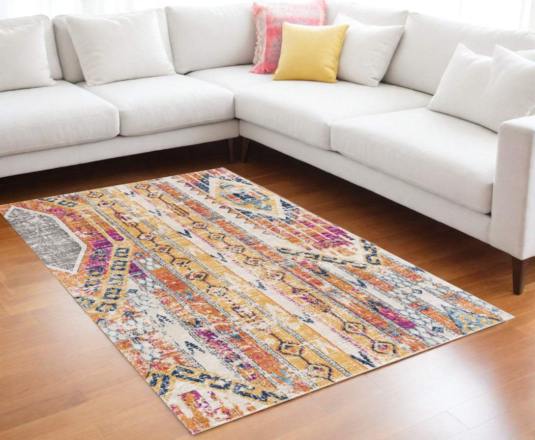 8' X 10' Gold and Ivory Southwestern Area Rug