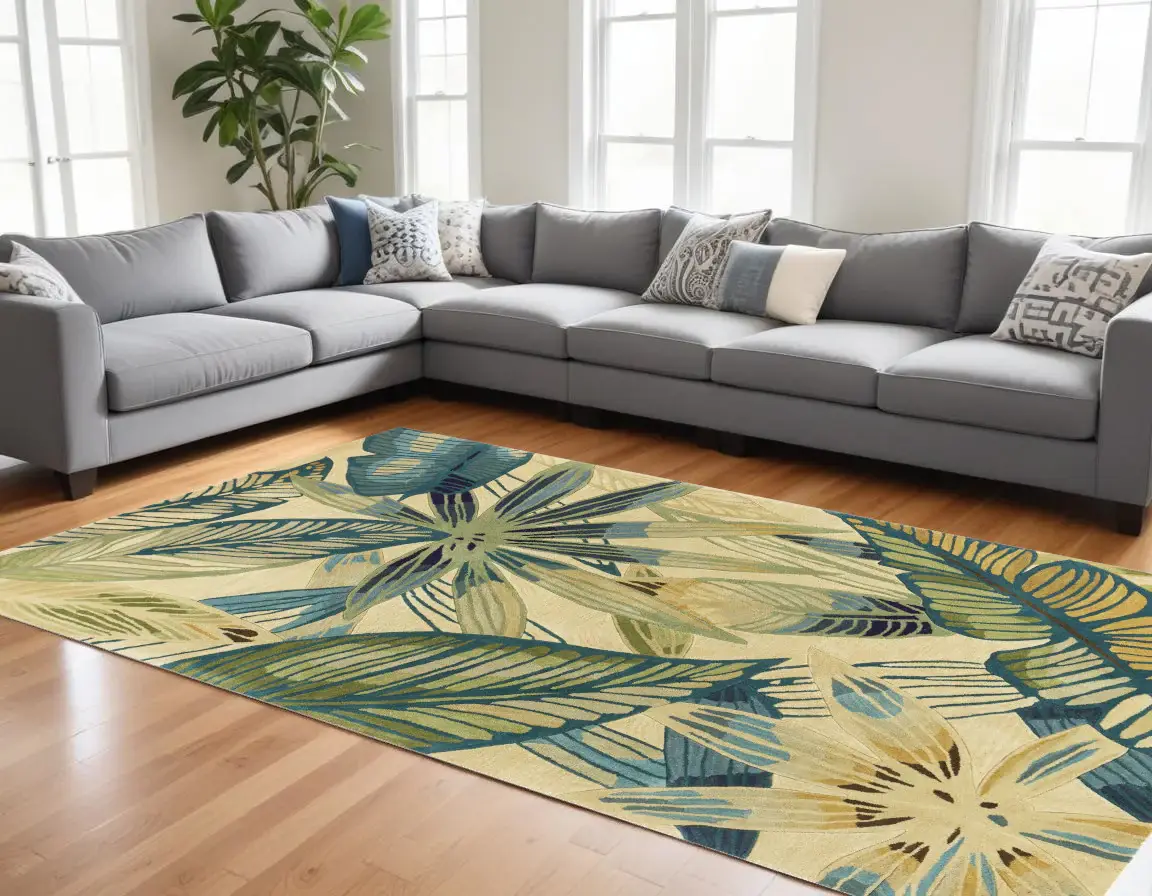 8' X 10' Ivory Teal Hand Tufted Tropical Leaves Indoor Area Rug - Image 2