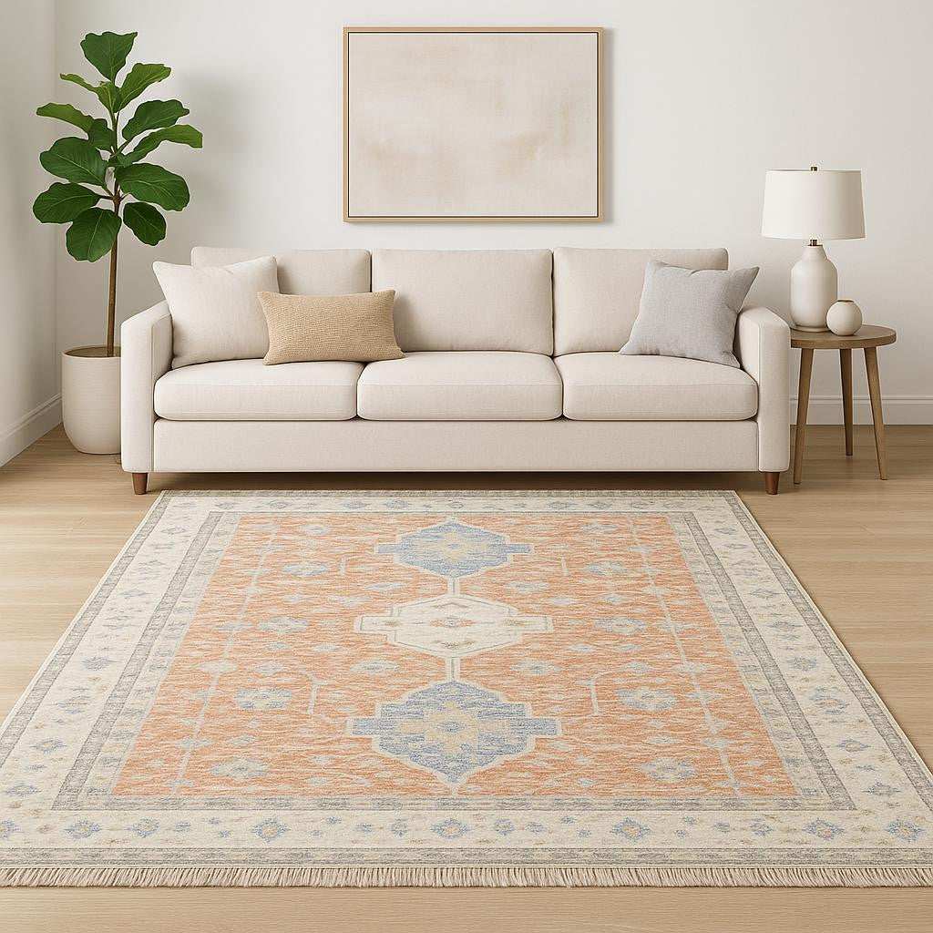 8' X 10' Orange And Blue Oriental Hand Loomed Stain Resistant Area Rug With Fringe