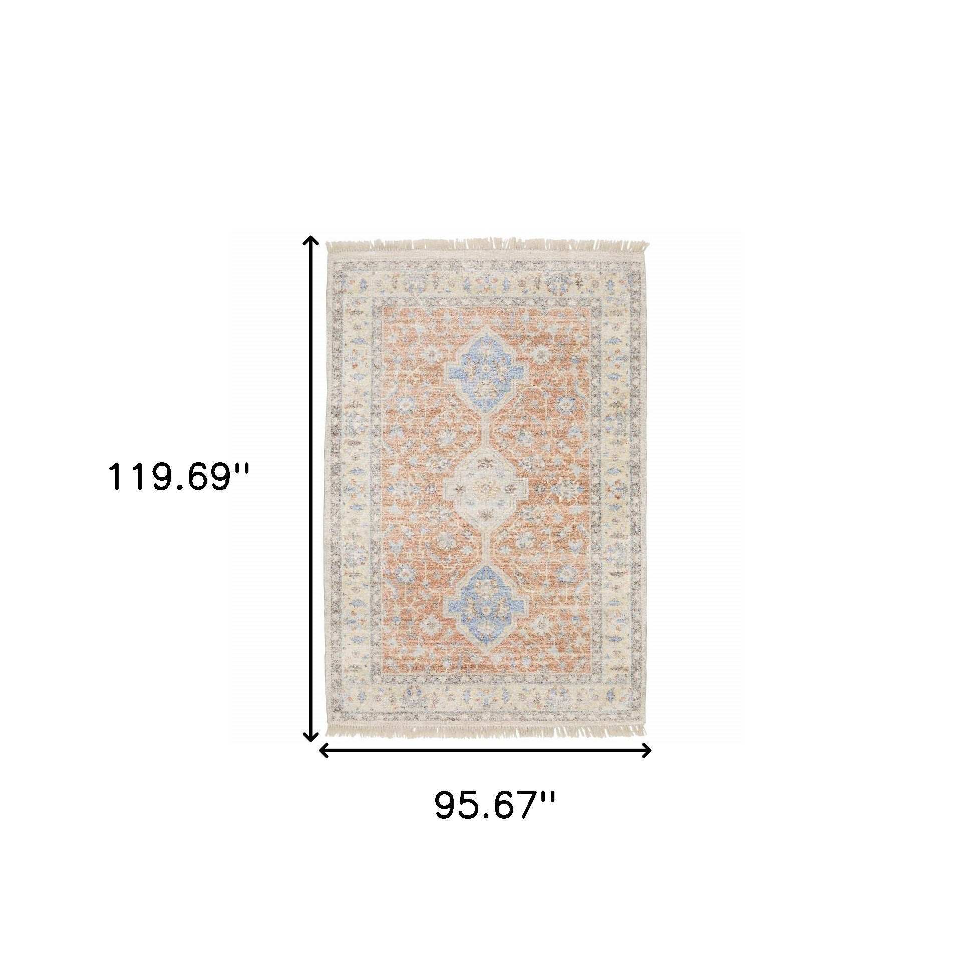8' X 10' Orange And Blue Oriental Hand Loomed Stain Resistant Area Rug With Fringe - Image 3