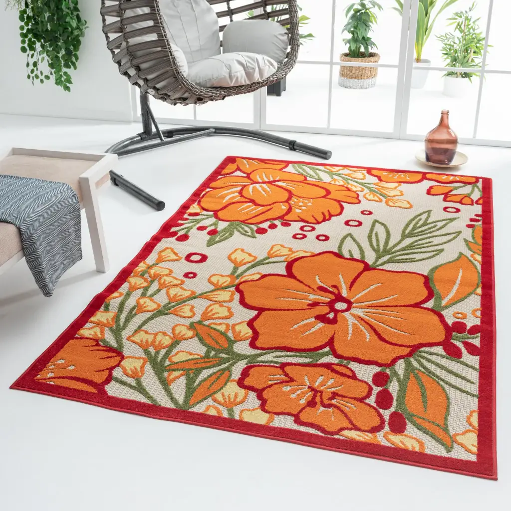 8' X 10' Orange And Ivory Floral Stain Resistant Indoor Outdoor Area Rug - Image 6