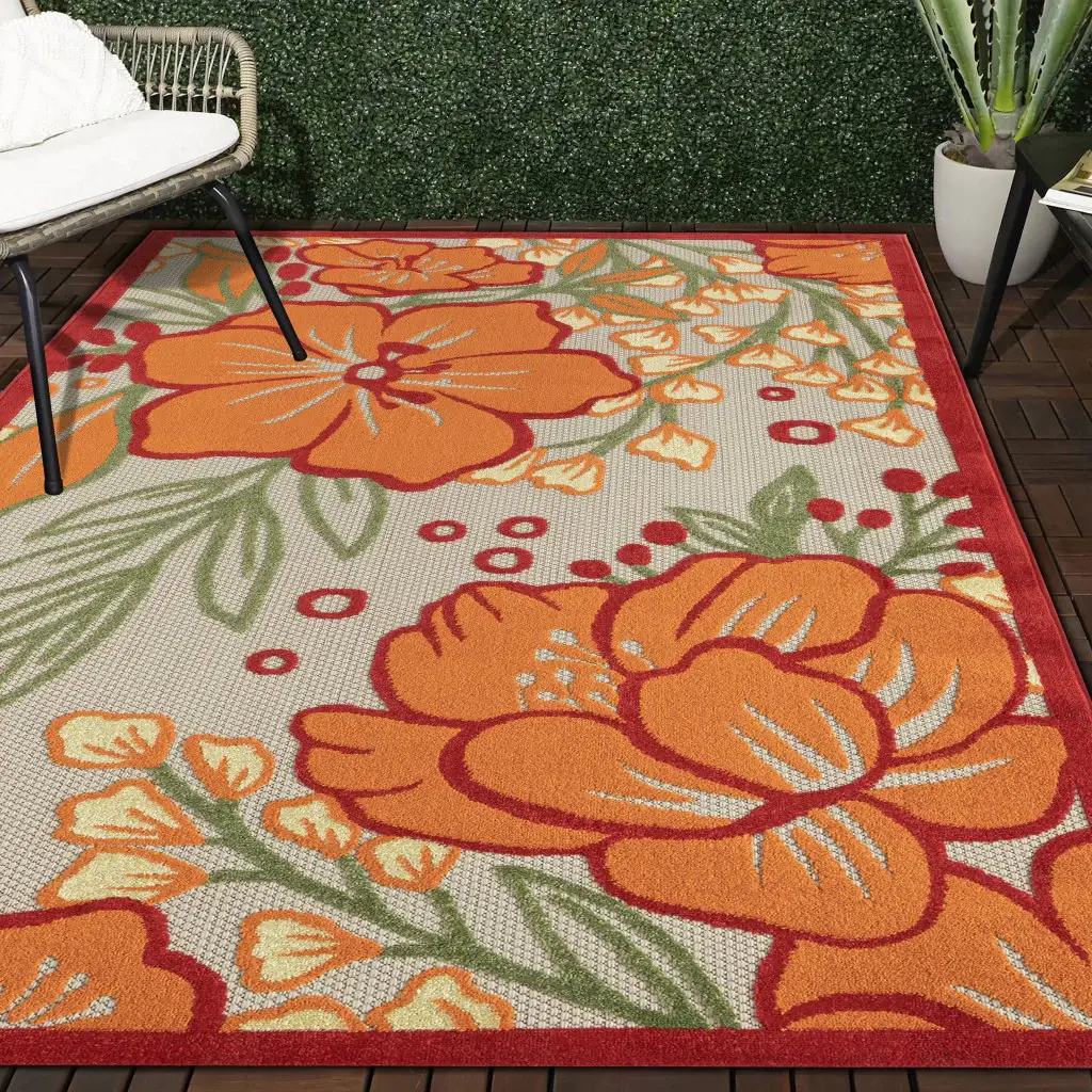 8' X 10' Orange And Ivory Floral Stain Resistant Indoor Outdoor Area Rug - Image 7