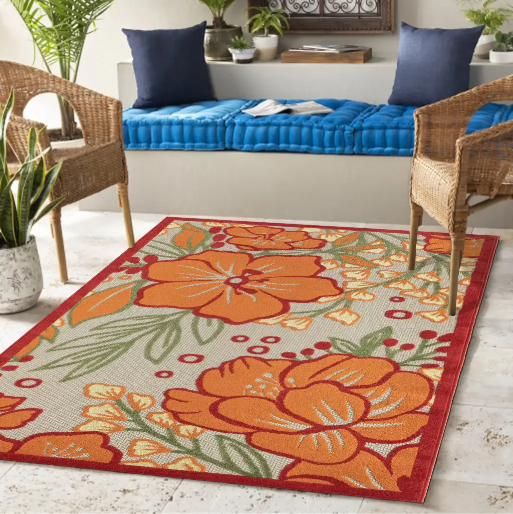 8' X 10' Orange And Ivory Floral Stain Resistant Indoor Outdoor Area Rug - Image 8