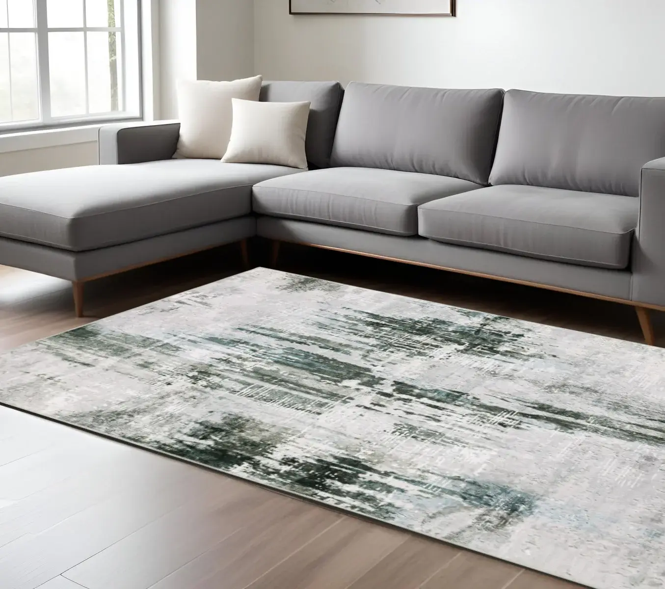 8' X 10' Silver Grey Teal Blue And Charcoal Abstract Printed Stain Resistant Non Skid Area Rug
