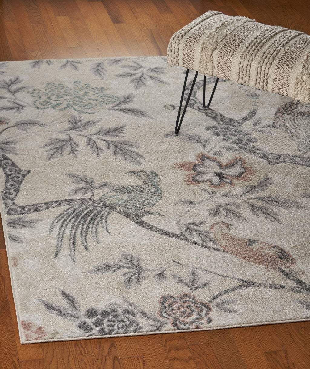 8' X 10' Soft Beige Birds and Trees Area Rug - Image 4