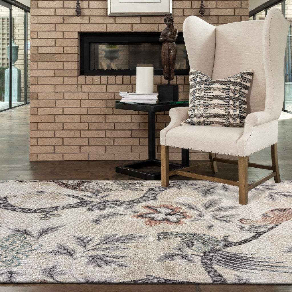8' X 10' Soft Beige Birds and Trees Area Rug - Image 7