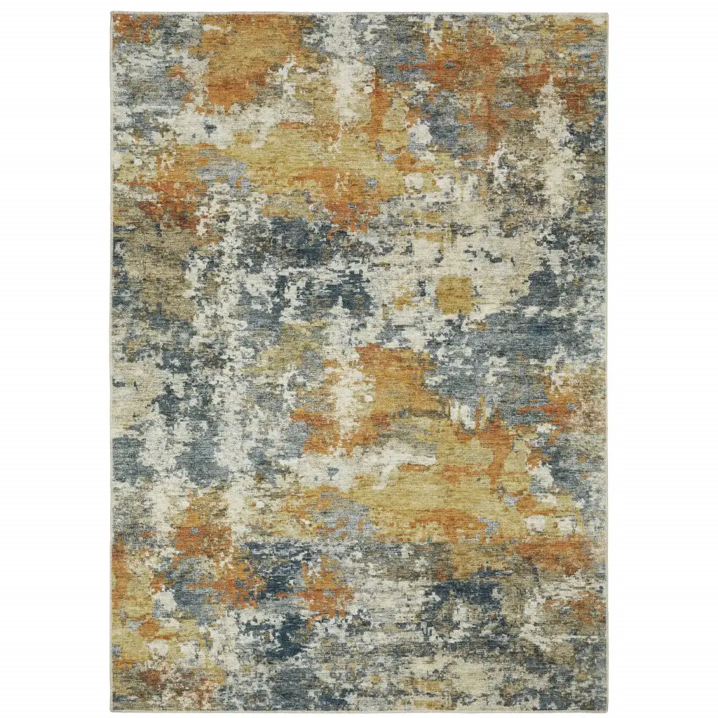 8' X 10' Teal Blue Orange Gold Grey Tan Brown And Beige Abstract Printed Stain Resistant Non Skid Area Rug - Image 2