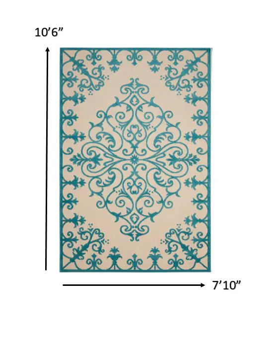 8' X 11' Aqua Damask Indoor Outdoor Area Rug - Image 2