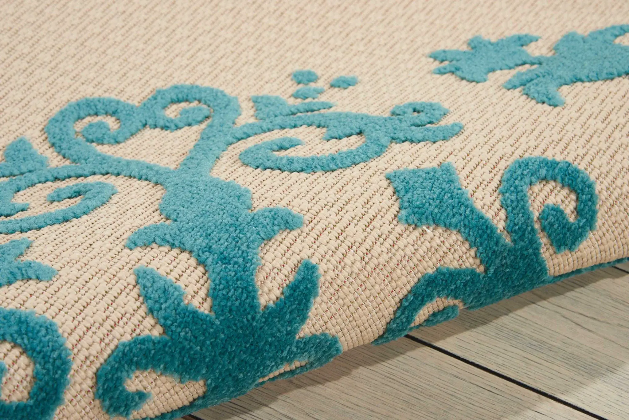8' X 11' Aqua Damask Indoor Outdoor Area Rug - Image 4