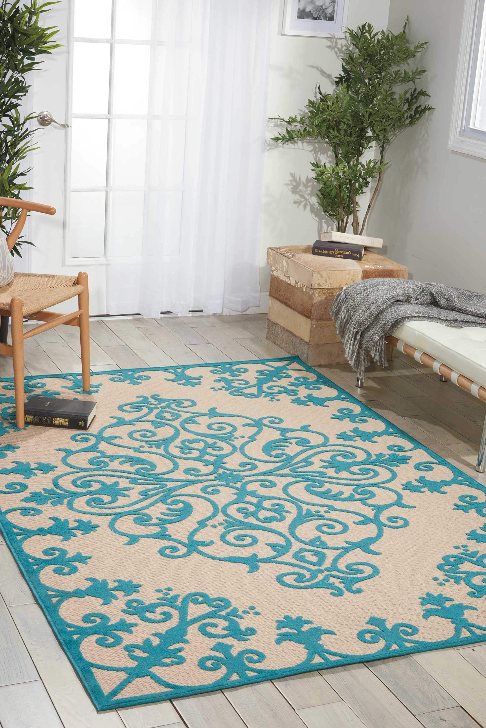 8' X 11' Aqua Damask Indoor Outdoor Area Rug - Image 5