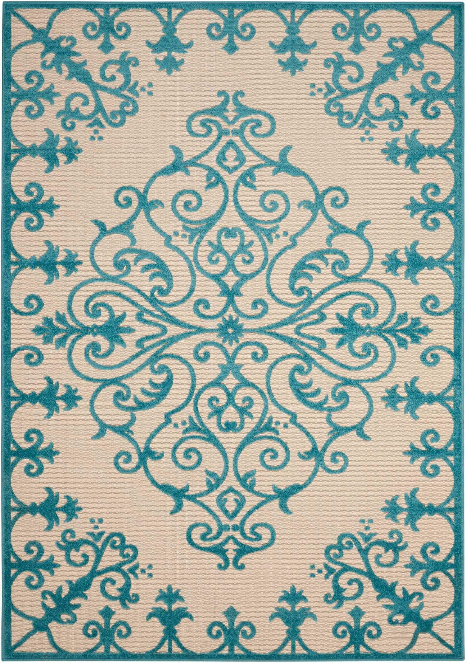8' X 11' Aqua Damask Indoor Outdoor Area Rug - Image 7
