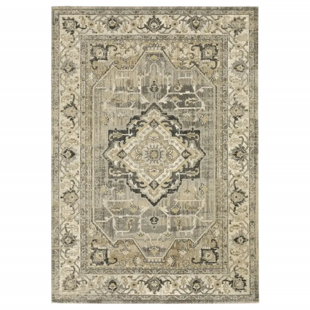 8' X 11' Beige And Gray Traditional Medallion Indoor Area Rug