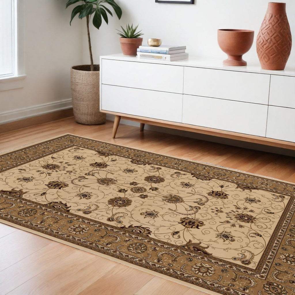 8' X 11' Beige and Ivory Oriental Power Loom Area Rug