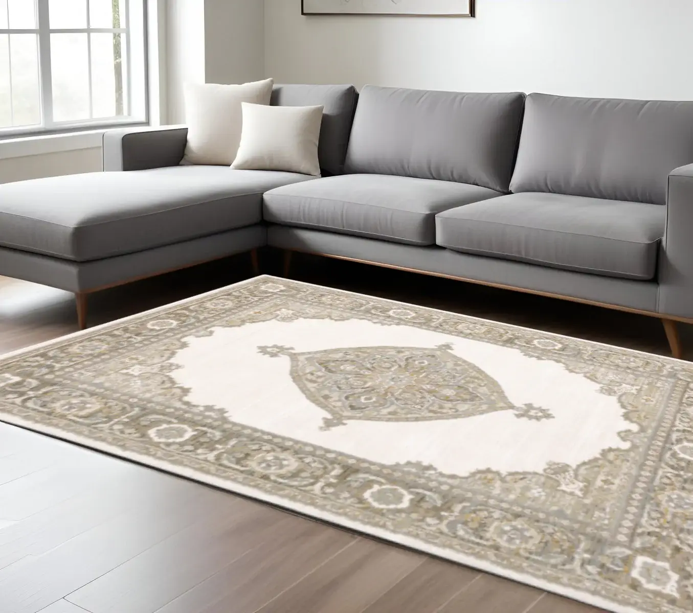 8' X 11' Beige and Ivory Oriental Power Loom Area Rug