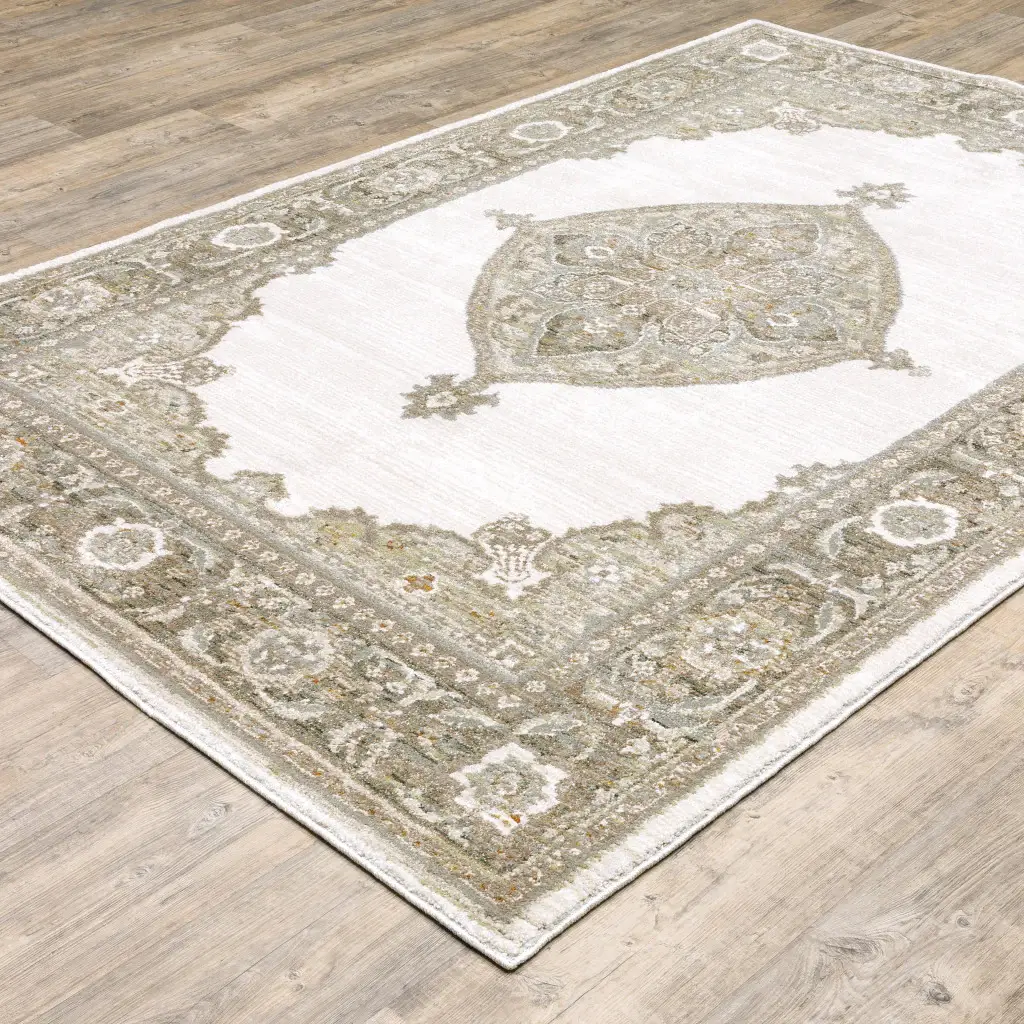 8' X 11' Beige and Ivory Oriental Power Loom Area Rug - Image 6