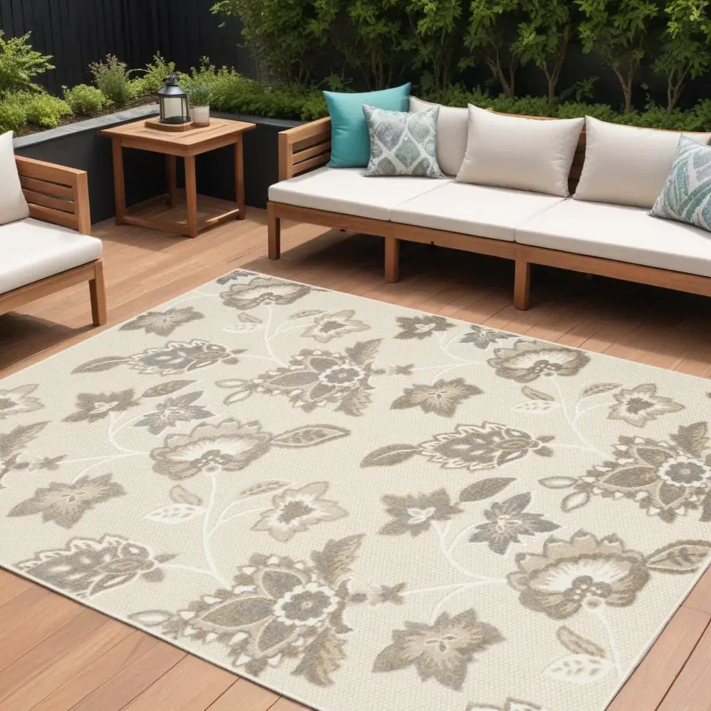 8' X 11' Beige Floral Stain Resistant Non Skid Area Rug - Image 2