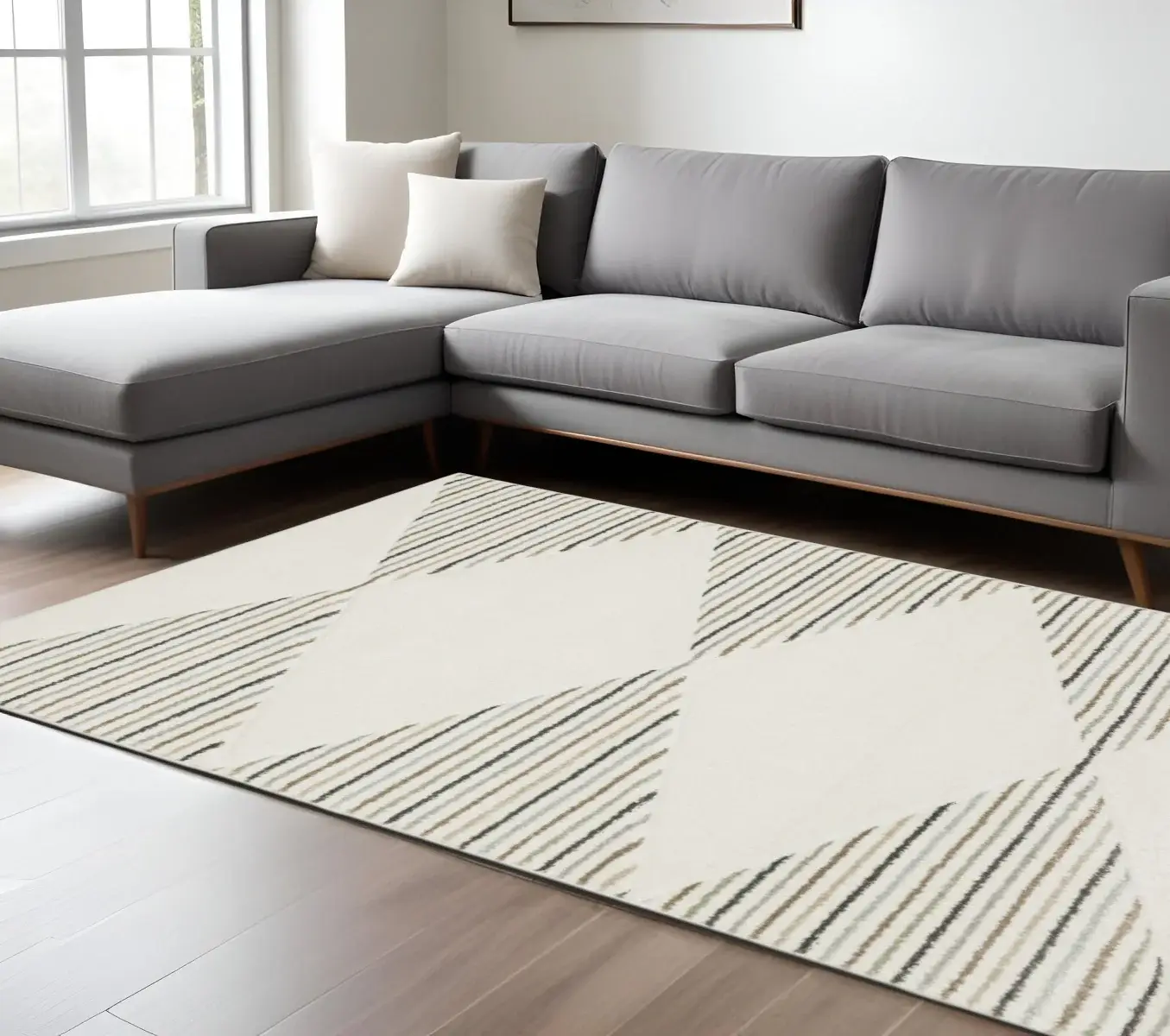 8' X 11' Beige Grey Sage Green Pale Blue Brown And Charcoal Geometric Power Loom Stain Resistant Area Rug