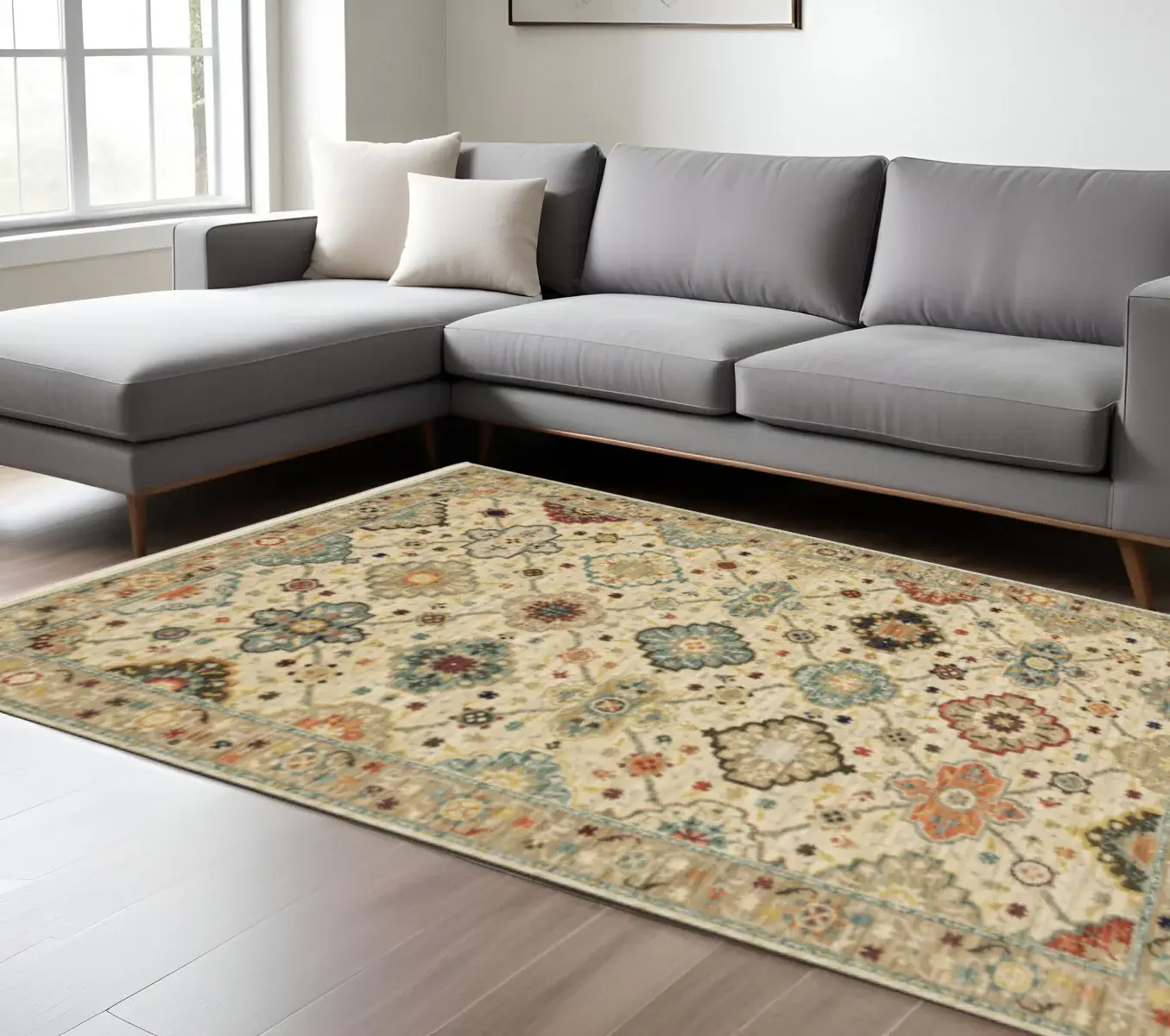 8' X 11' Beige Pale Blue Rust Gold Tan Brown And Orange Oriental Power Loom Stain Resistant Area Rug With Fringe