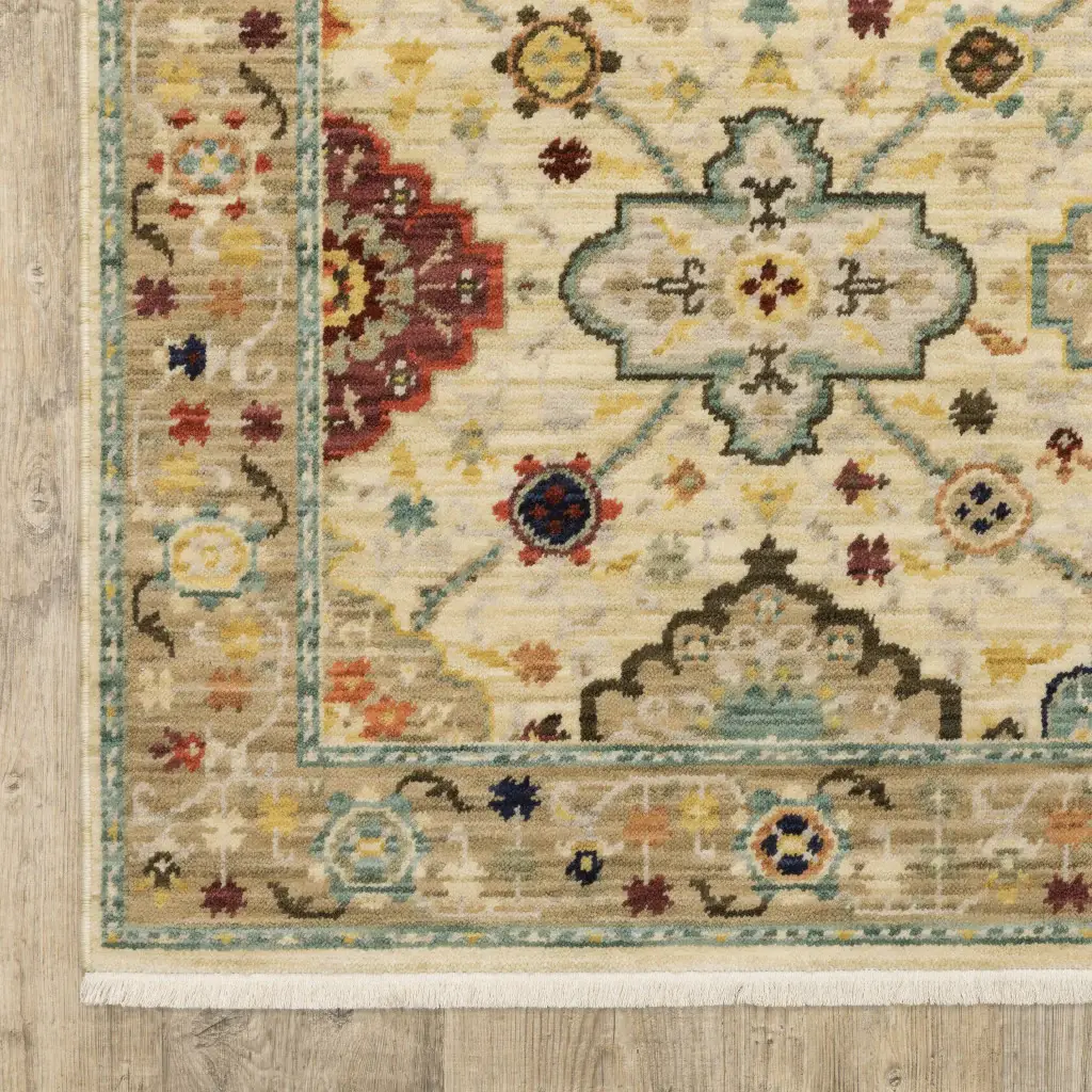 8' X 11' Beige Pale Blue Rust Gold Tan Brown And Orange Oriental Power Loom Stain Resistant Area Rug With Fringe - Image 4