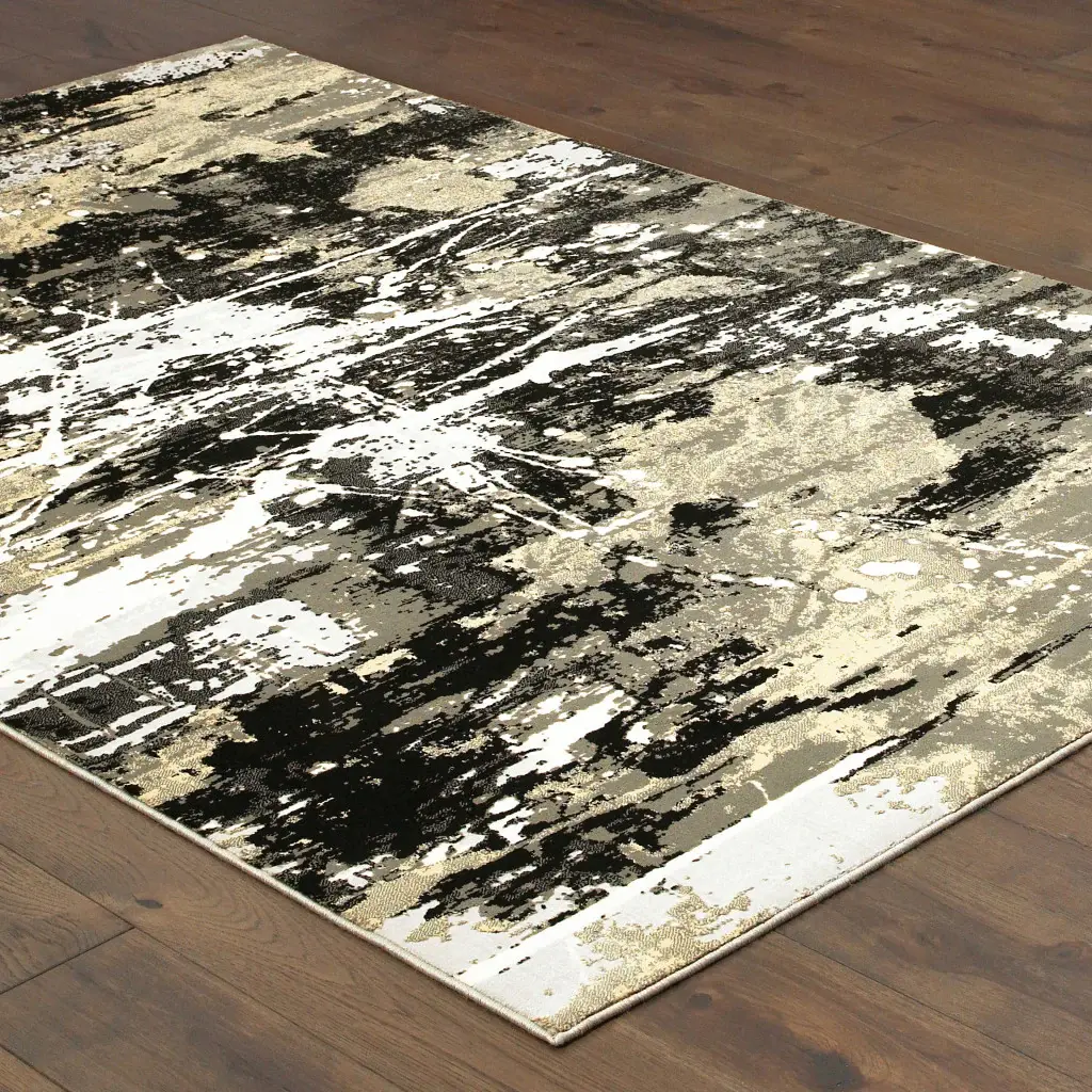 8' X 11' Black Gold Grey And Ivory Abstract Power Loom Stain Resistant Area Rug - Image 3