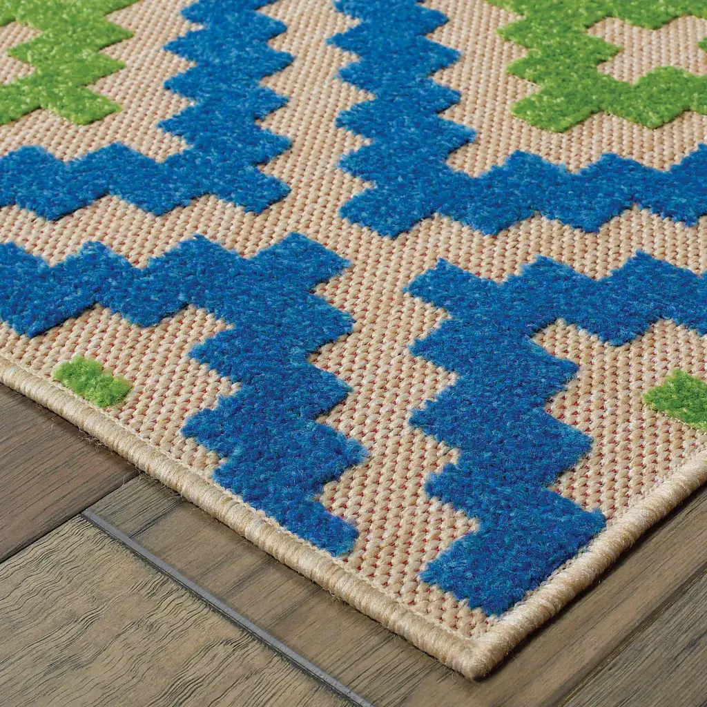 8' X 11' Blue and Beige Geometric Stain Resistant Indoor Outdoor Area Rug - Image 3