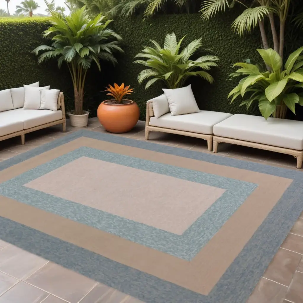8' X 11' Blue and Beige Handmade Indoor Outdoor Area Rug - Image 2