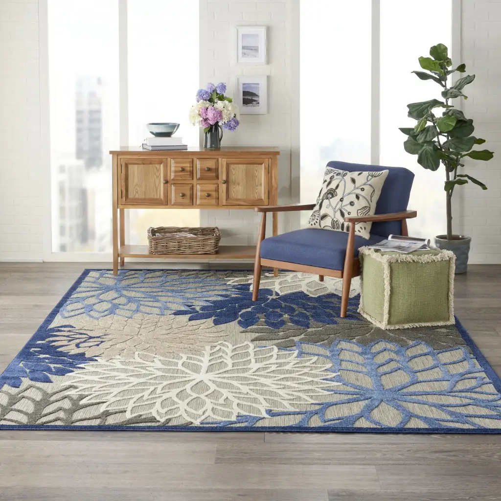 8' X 11' Blue And Gray Floral Indoor Outdoor Area Rug - Image 2
